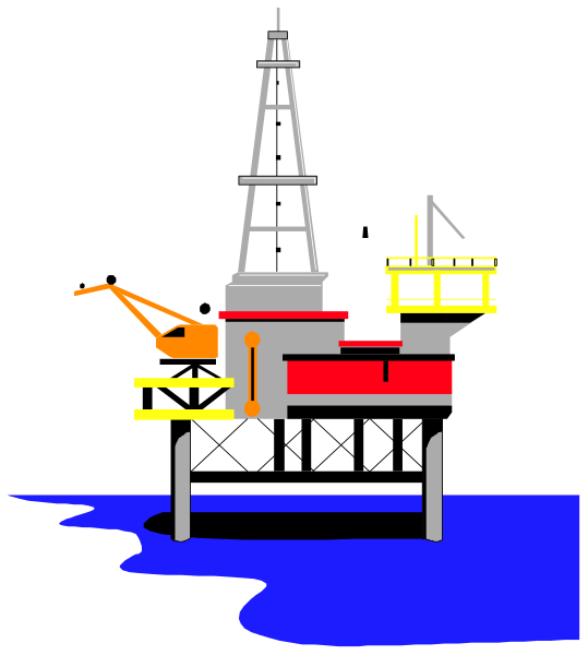 The image shows a cartoon illustration of an offshore oil rig with various components such as drilling equipment on top, storage tanks in between levels, and support structures at its base. It is situated over water under what appears to be nighttime conditions due to dark backgrounds surrounding the structure.