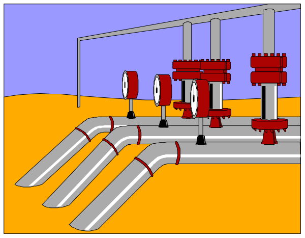 The illustration shows a large industrial pipe system with multiple pipes connected to each other against an orange background that resembles sand dunes; there is no visible text in this image.