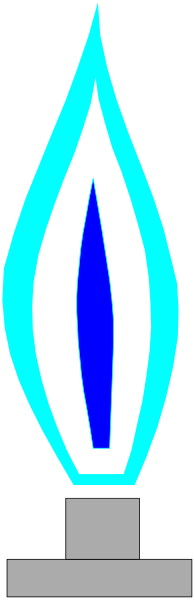 The image shows a stylized blue flame with white accents on top of an abstract base that resembles a candle holder against a dark background.