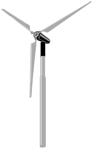 The image shows a black wind turbine with three blades against a gray background on the left side of an otherwise white square frame.