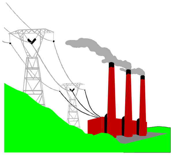 The image shows a black and white illustration of an industrial scene with power lines running across it at nighttime; there is smoke rising from two smokestacks in front of what appears to be factories, suggesting pollution or industry activity.