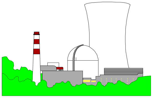 The image shows a black and white illustration of an industrial scene with two nuclear reactors on either side; there is also a smokestack in between them emitting smoke into the sky above trees that surround it, suggesting pollution from these facilities.