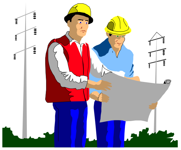The image shows two men standing next to each other outdoors at night with a plan on paper between them; both wear hard hats indicating construction work is being discussed.