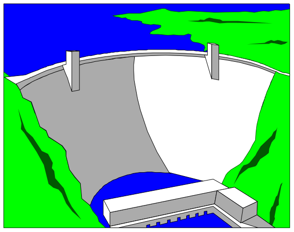 The image shows a black and white illustration of two panels depicting an aqueduct with water flowing through it overlooking mountains in one panel and another showing a bridge crossing above a river under construction on the other side, both set against natural landscapes.