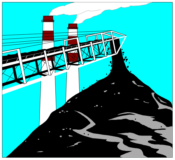 The image shows a cartoon depiction of an industrial scene with two panels: In the first panel, there is smoke rising from smokestacks atop buildings; in the second panel, we see black ash falling onto a bridge and road below, which leads to a volcanic eruption.