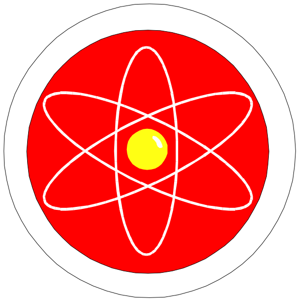 The image shows a red circle with an atom symbol inside it on top of another black background that has two images: 1) A round emblem resembling a target bullseye; 2) An atomic model, which is commonly associated with science and chemistry education or symbols for radioactive materials. There are no texts present in the image to provide additional context about what these objects represent beyond their visual content alone. The style of this clip-art appears simple yet educational, often used as an iconographic representation within various media such as textbooks, websites related to physics, and other inform