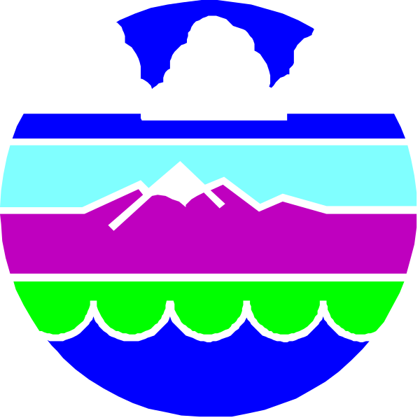 The image shows a stylized depiction of two mountains with peaks against an ocean background under what appears to be a blue sky dotted with clouds.