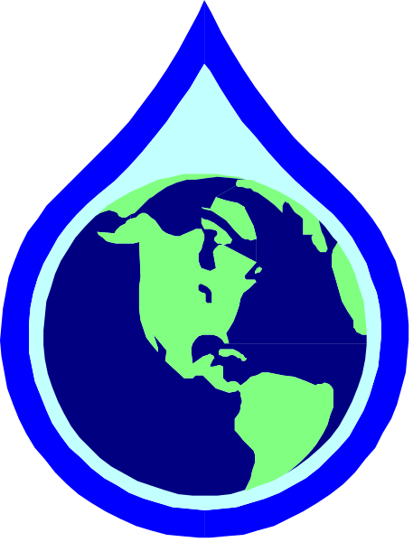 The image shows a stylized graphic of an oil droplet with Earth inside it on top of what appears to be water droplets against a blue background.