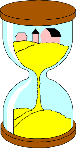 The illustration shows a sandglass with an inside view of a rural landscape featuring houses on either side of a dirt road leading to farmland in front of them; there is no visible text within this image.