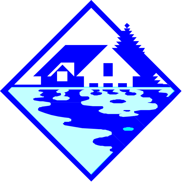 The image shows a blue diamond with two smaller diamonds inside it; each of these three has an illustration: on top left is a house in front of trees under clear skies, bottom right depicts water and land near houses during what appears to be rain or snowfall, while the middle one features a mountainous landscape.