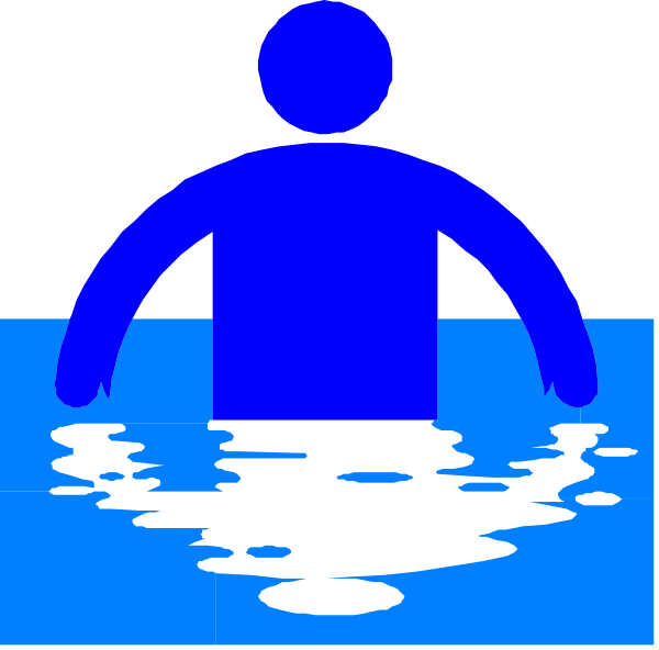 The image shows a blue silhouette of an adult figure standing on what appears to be water with ripples around it, suggesting movement through liquid; next to this is another smaller clip-art depiction showing two figures in profile facing each other across a body of darker colored fluid or puddle.