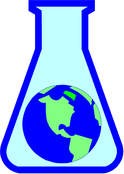 The image shows a stylized illustration of an erlenmeyer flask with a dropper containing what appears to be water labeled "Earth" on it, set against a plain background.