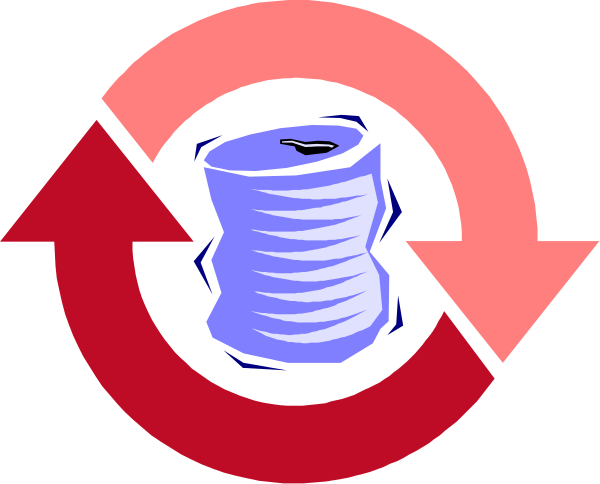 The image shows a stylized representation of recycling symbols with arrows indicating movement between them: an arrow pointing from left to right over two stacked cylinders (possibly representing paper) leading into another symbol that looks like a trash can, and then back out again in the opposite direction.