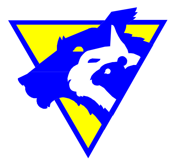 The logo features a stylized wolf's head on top of an emblem with two crossed swords forming a triangle shape in blue against a white background; below this is another symbol resembling a shield, also featuring a yellow and black color scheme but without any specific details or objects that can be confidently identified.