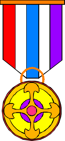 The image shows a medal with ribbons on it hanging from an emblem that resembles a coat of arms featuring crosses; below this is another badge-like symbol with intricate designs including what appears to be a shield and possibly other heraldic elements, all set against a gray background.