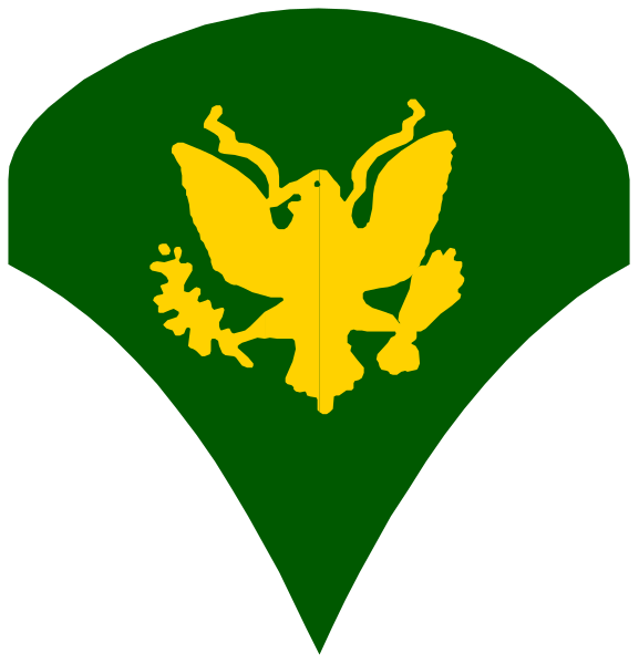 The image shows two different emblems with a shield design featuring an eagle's head on each side of a central crest that includes what appears to be a stylized bird in flight above a banner, all set against green and yellow backgrounds within black borders.