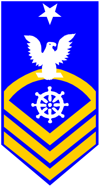 The image shows a blue flag with an emblem that includes a shield bearing three stars on top of it; below this is another design resembling a compass rose within two concentric circles. To the left, there's a white eagle and to its right stands what appears to be a ship or boat wheel. The background has stripes in shades of blue with yellow borders at both ends.