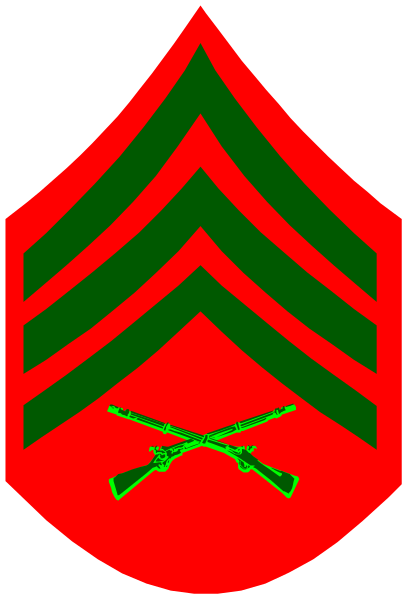 The image shows a graphic representation of an emblem with military insignia: red background at top left corner; green border framing central design that includes three crossed rifles in white within two vertical lines forming a triangle, and below it is a shield-like shape containing what appears to be the silhouette of a soldier's headgear. The emblem has an American flag motif on its right side with stars and stripes patterned across red background; at bottom left corner there are three crossed swords in white within two vertical lines forming another triangle, resembling military