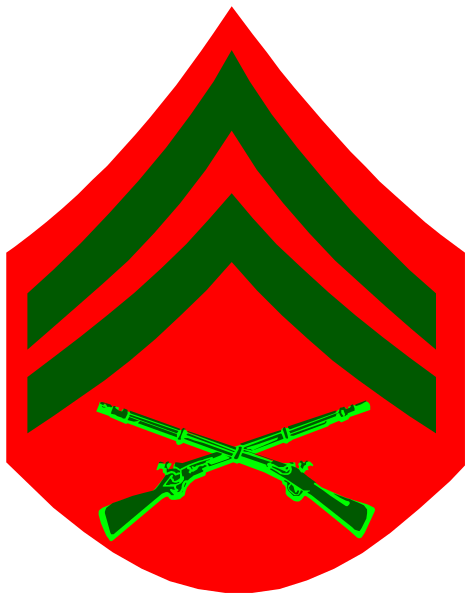 The image features a red background with an emblem that includes two crossed rifles on either side of what appears to be a badge in between them; above this central symbol is another smaller one resembling a shield, and below it there's text reading "US MARINES."