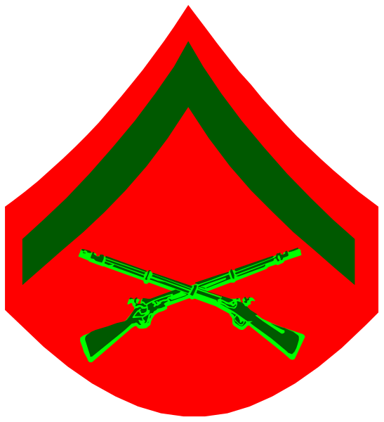 The image shows a red emblem with an outline of a rifle inside it on top left corner; below that is another smaller rectangle containing two crossed rifles in white coloring against a green background within which there's text "USMC" and above this, three stars forming what appears to be the headgear worn by US Marines. The emblem has an olive branch border at its bottom edge with additional red stripes on either side of it; below these are two crossed rifles in white coloring against a green background within which there's text "USMC" and above