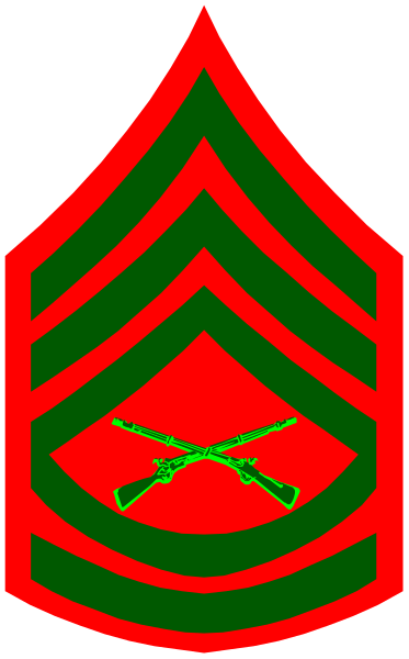 The image shows a graphic representation of an emblem with red background featuring green border lines that resemble military insignia; at its center is a stylized depiction of crossed rifles in white within two swords, and above it there's text "US MARINES" written on the top. The overall style suggests this could be an emblem for US Marines or related to them.