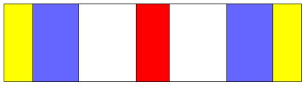 The image shows a pixelated representation of an Olympic medal ribbon with three colored stripes: red on top, white in the middle, and blue at bottom; there is no specific action taking place as it's just a still picture.