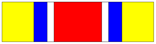 The image shows a blue ribbon with red stripes on it against a gray background.