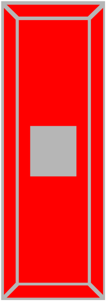 The image shows a red vertical object with white lines on it against a grey background.
