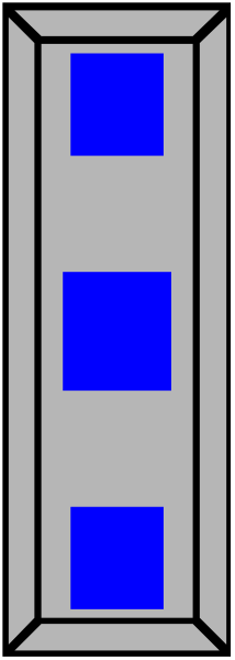 The image shows a tall blue vertical rectangle with two smaller rectangles on top of it against a gray background.