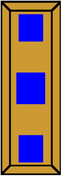 The image shows a tall rectangular object with blue squares on its sides against an orange background inside what appears to be a frame.