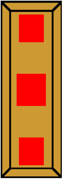 The image shows a tall vertical object with red squares on it against an orange background inside what appears to be a frame.