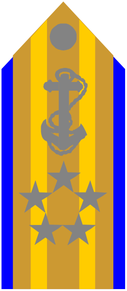The flag features a blue background with an orange anchor on it atop two stars; below this is another star flanked by three smaller ones in between which there's text that reads "Navy."