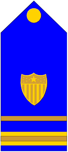 The image shows a blue flag with an emblem of a shield on it atop two crossed swords; below this is another symbol that appears to be a badge or crest featuring stars around its perimeter and what seems like a banner across the middle, all set against a gray background.