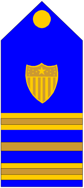 The image shows a blue flag with an emblem of a shield on it against a gray background.
