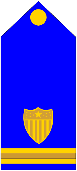 The image shows a blue flag with an emblem of a shield on it atop what appears to be a police badge design in yellow and white.