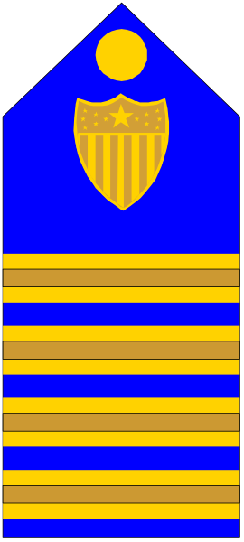 The image shows a blue flag with an emblem on it hanging from what appears to be a pole against a gray background.