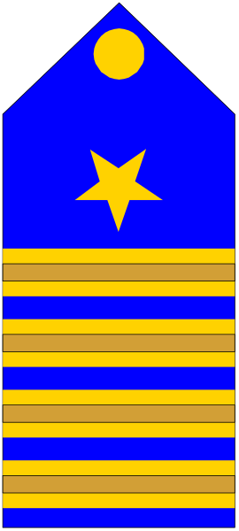 The image shows a blue flag with yellow stripes on top of it flying from an unseen pole against a gray background.