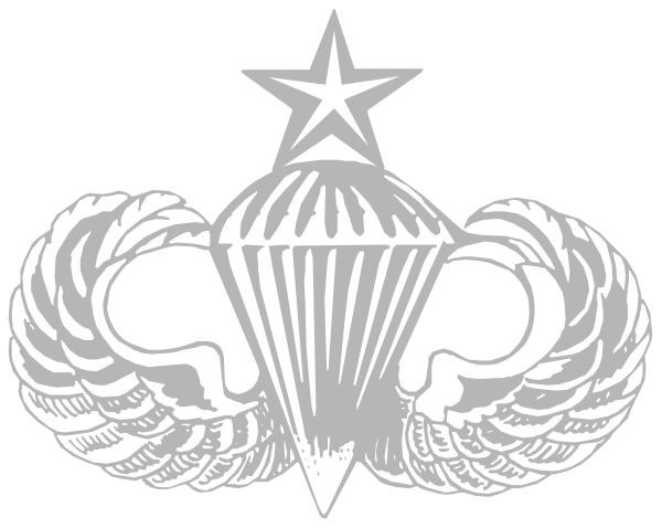 The logo of a military organization with wings on either side featuring an eagle's head atop each wing; there is also a star above them in white coloring against black background.