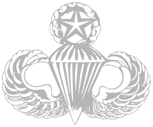 The image shows a black and white emblem featuring an eagle with wings spread wide above it, flanked by two crossed swords on either side of its head; atop each sword is a small star symbolizing military rank.