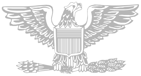 The black and white logo of a governmental agency with an eagle emblem at its center holding arrows crossed behind it in front of two olive branches on either side; above this symbol is another smaller eagle, also facing forward but without any objects around it.