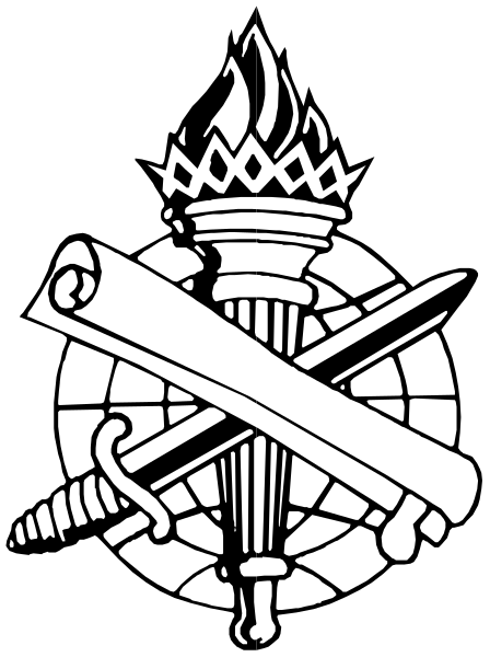 The logo features a shield with crossed swords on either side of an emblem that includes what appears to be a torch in between two crowns atop each other; above this central design is a banner containing text, and below it there's another crown-like symbol resembling the top part of a cross.