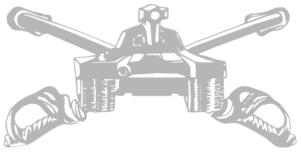 The black and white logo features a tank with two guns on either side of it, positioned above an emblem that resembles a shield containing three stars in front of what appears to be a castle-like structure atop a hill.