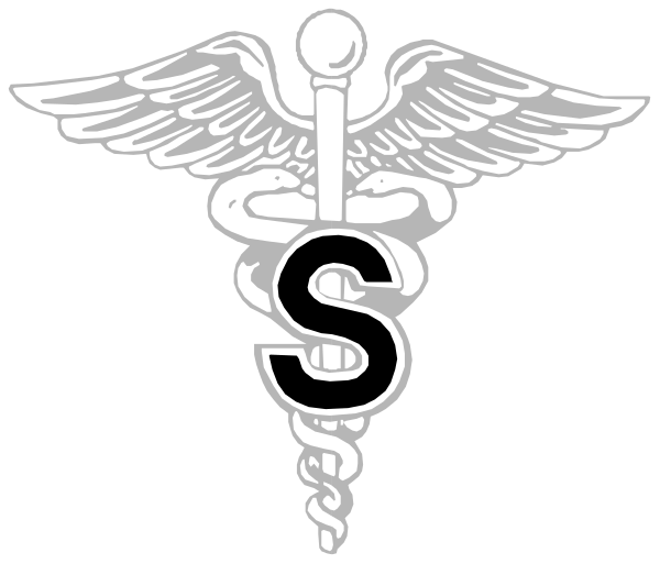 The logo of a medical school with an eagle's head on top.