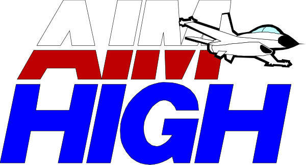 The image shows a graphic with text that reads "AIM HIGH" at the top left corner against an American flag background in red white and blue color scheme. Below this is another line of text stating "AMERICAN AIRLINES." In front, there's a stylized depiction of an airplane flying through what appears to be clouds or smoke with its landing gear down, suggesting it might have just taken off from the ground below. The overall style suggests that this is likely promotional material for American Airlines highlighting their commitment and slogan "Aim High."