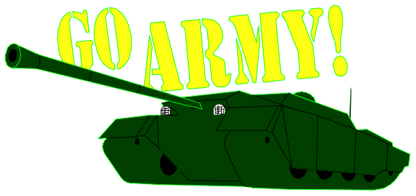 The image shows a green army tank with text that reads "GO ARMY" on it against an olive background.
