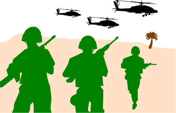 The image shows a group of soldiers standing on sandy ground with palm trees behind them; there is also an airplane flying above in silhouette form against a dark sky background.