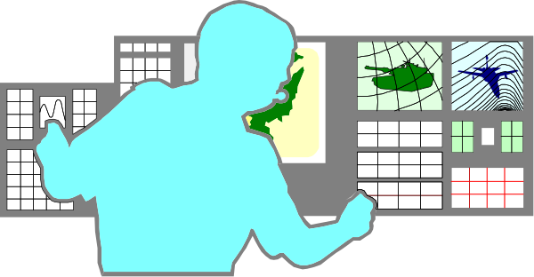 The image shows a person standing at an information console with various screens displaying maps of different locations around the world; there is also a globe on top left corner indicating global navigation capabilities.