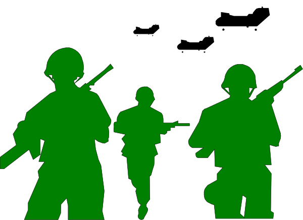 The image shows a black background with silhouettes of soldiers holding guns against it; there is no text present on this clip-art graphic.