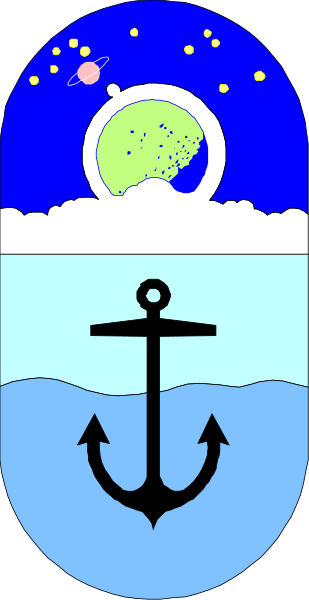 The image shows a stylized graphic of an anchor with waves below it on top left corner; above this is a depiction of Earth at night under stars in blue sky background, flanked by two white clouds and moon phases to right side.