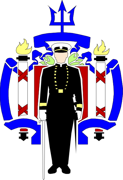 The image shows a stylized graphic of an emblem with various elements: at its center is what appears to be a shield divided into three sections; on top left there's a crown symbolizing royalty, in the middle right section we see two crossed swords representing power or authority and below them are flames suggesting passion or intensity. The bottom part features a person dressed as an officer with medals around their neck, indicating rank or achievement within some organization likely military given the emblematic elements above; to the left of this figure is another shield-like symbol that resembles a